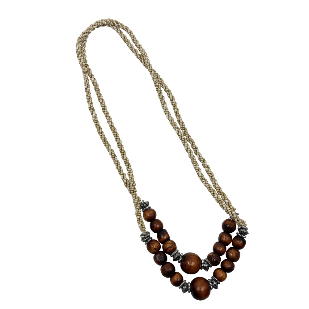 Boho Brown Wood & Cream Seed Bead‎ Multi Strand Layered Statement Necklace 29"